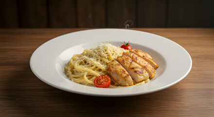 Fototapeta premium Delicious Linguine With Grilled Chicken And Parmesan Cheese On A White Plate