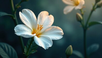 Naklejka premium A delicate silver star design etched onto a white flower petal in a dark, misty garden, ambient, mist, design