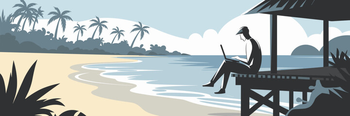 Obraz premium Digital nomad working on laptop at tropical beach