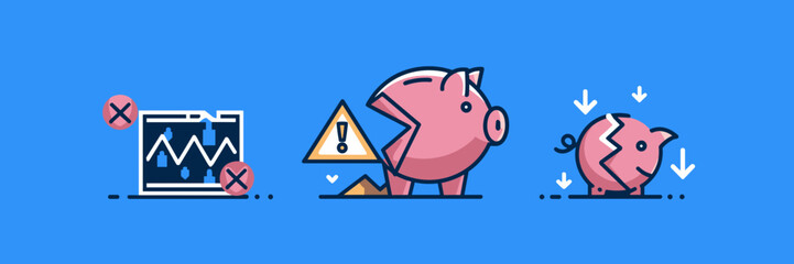 Stock trading loss icons with broken piggy bank – Ideal for finance blogs, investment risk materials, or economic downturn reports