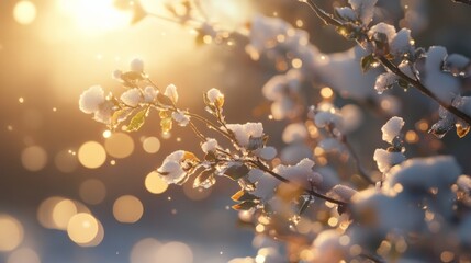 Fototapeta premium A serene winter scene featuring snow-dusted branches. The soft glow of sunlight highlights the beauty of nature in a magical atmosphere. Generative AI