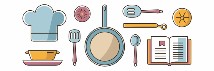Flat vector cooking icons with chef hat, pan, and recipe book