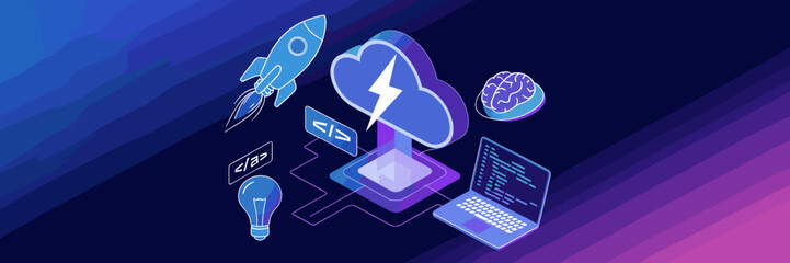 Tech startup icons with rocket, cloud, and code – Perfect for app development visuals, coding bootcamp materials, or digital transformation campaigns