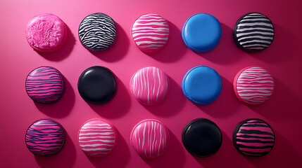 Fototapeta premium Assorted colorful cookies with unique designs arranged on a vibrant pink surface casting soft shadows and creating a visually appealing pattern.