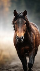 Horse running through misty landscape in autumn with golden foliage background