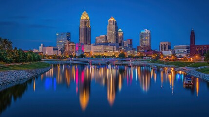 Naklejka premium A nighttime view of a city reflecting in the water
