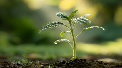 Close up of a small green plant with water droplets growing in the soil in a garden setting outdoors