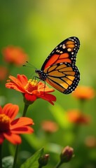 Naklejka premium A monarch butterfly sips nectar from a red flower in a sunny summer meadow , nature, insects