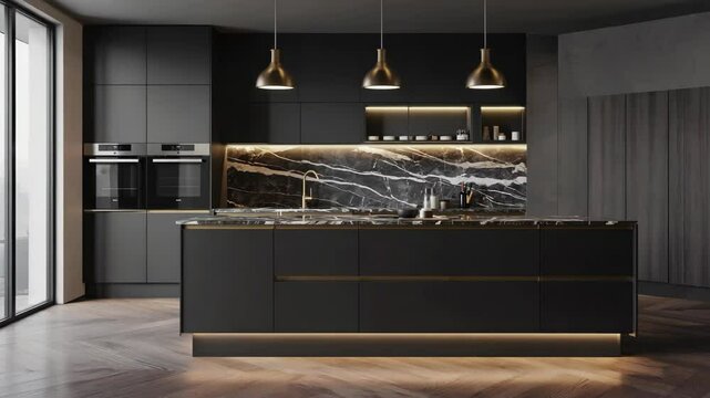 Modern kitchen featuring sleek black cabinetry, marble backsplash, and elegant lighting for luxury lifestyle