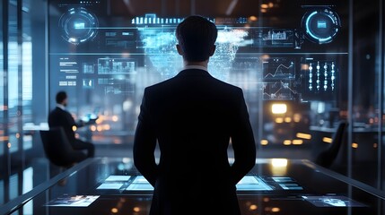Visionary Leadership in Tech: A distinguished executive, silhouetted against a futuristic interface, embodies strategic focus and innovation in a high-tech environment.