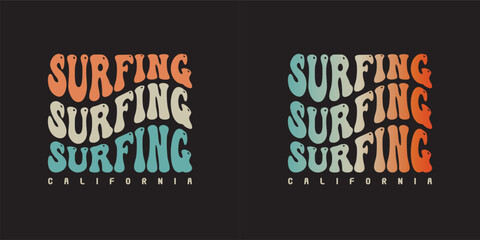 Surfing Groovy text effect California summer, stylish t-shirts and trendy clothing designs with lettering, and printable, vector illustration designs