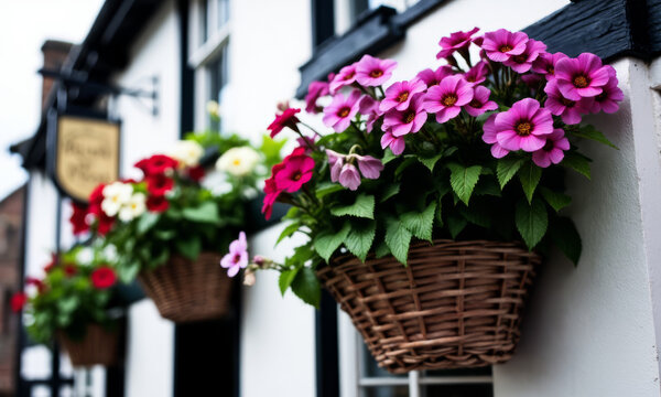 Pub Hanging Basket with Geraniums & Lobelia - Traditional Decoration