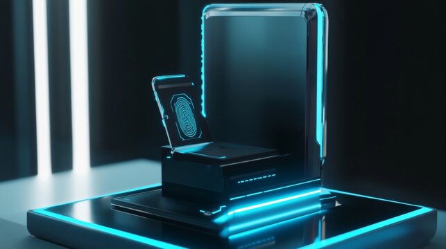 Futuristic digital fingerprint scanning interface on a sleek high tech device in stock photo style