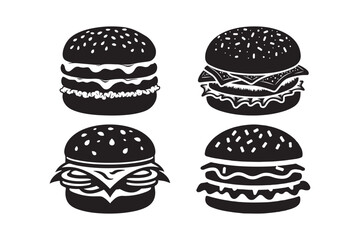 Hand-Drawn Burger Icons Vintage Black and White Cheeseburger Illustrations Set