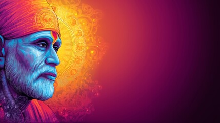 Side-Profile Digital Illustration of Sai Baba of Shirdi With Glowing Mandala Halo, Symbolizing Clarity, Spiritual Energy, and Devotion