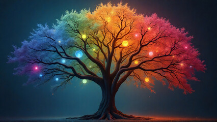 A tree with rainbow-colored leaves, each branch holding a different glowing orb

