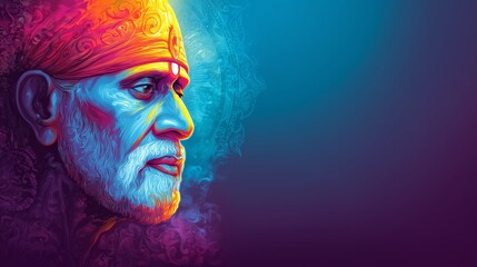 Side-Profile Digital Artwork of Sai Baba of Shirdi With Fiery Glow and Blue Background, Symbolizing Faith, Strength, and Divine Vision