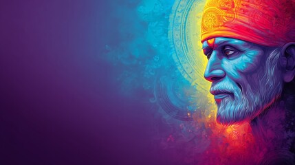 Side-Profile Digital Portrait of Sai Baba of Shirdi With Glowing Aura and Purple Background, Symbolizing Wisdom, Faith, and Tranquility