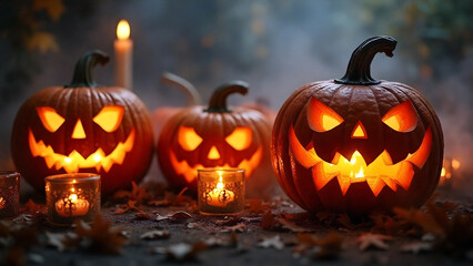 Halloween pumpkins with intricate carvings and glowing faces, surrounded by mist and candles

