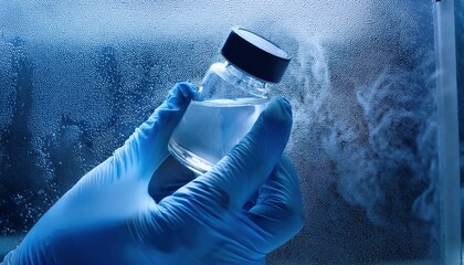 scientist gloved hand, holding a small jar of frozen liquid
