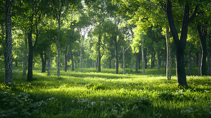 Fototapeta premium Sunny Forest Meadow With Lush Green Grass And Trees