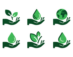 Eco icon set featuring eco friendly, ecology, and environment symbols. Isolated flat style illustrations ideal for sustainability, green tech and environmental themes.