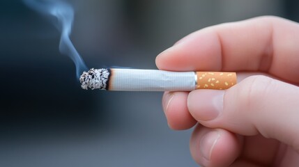 Close-Up of Hand Holding a Lighted Cigarette with Smoke Rising Against a Blurred Background