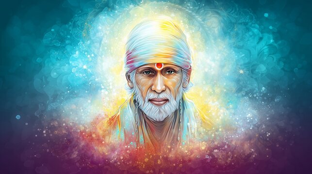 Heavenly digital portrait sai baba shirdi saint guru divine glow aura light sacred devotion holiness face close up headshot peace calm