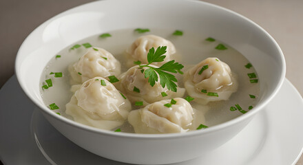 Delicious Dumplings In Broth Topped With Fresh Herbs Close Up