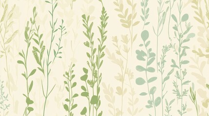 Fototapeta premium A floral wallpaper design with a variety of plants and leaves in different shades of green and beige.