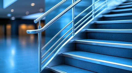 Fototapeta premium Close-up of modern staircase with metallic handrail in blue-toned office