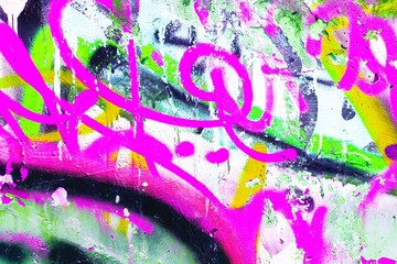 Vibrant neon graffiti in pink, green, yellow with urban 80s, punk style, fluorescent splashes, abstract waves. Street art, edgy backgrounds, modern creative banner, urban visuals.
