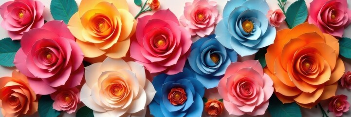 Fototapeta premium Diverse range of colorful paper roses with varying shades and sizes forming a beautiful gradient floral pattern, floral design, colorful flowers