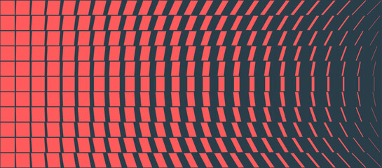 Symmetrical grid with wave distortion in red and black tones. Abstract vector panoramic layout with transformation rhythm, perfect for technology visuals, digital art, and immersive background design