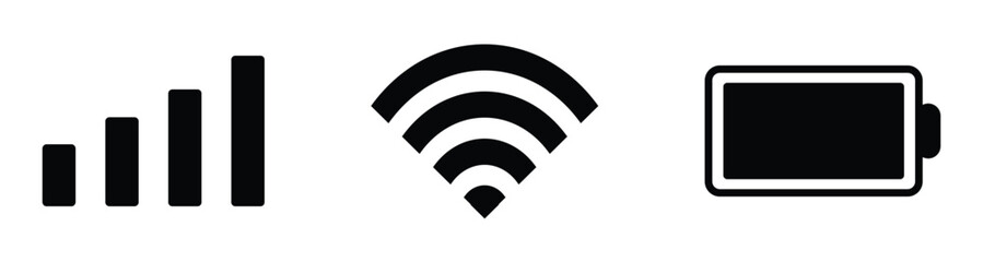 phone signal, wi-fi and battery icon. mobile phone status bar icon set. smartphone status bar phone signal, wi-fi and battery icon for app, ui and web. vector illustration on transparent background. 