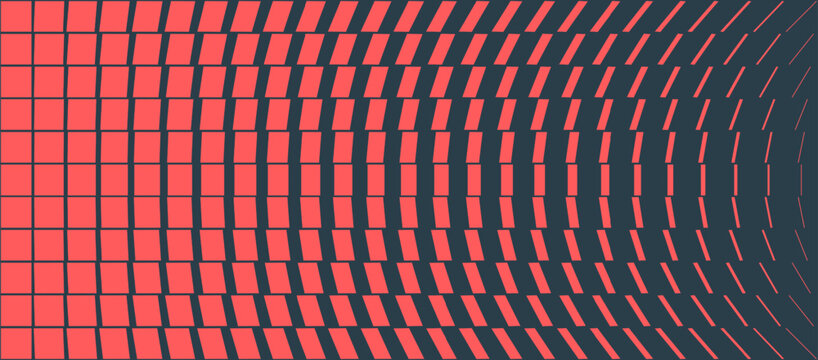 Symmetrical grid with wave distortion in red and black tones. Abstract vector panoramic layout with transformation rhythm, perfect for technology visuals, digital art, and immersive background design