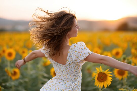 Young woman dancing in sunflower field at sunset enjoying freedom and nature - Powered by Adobe