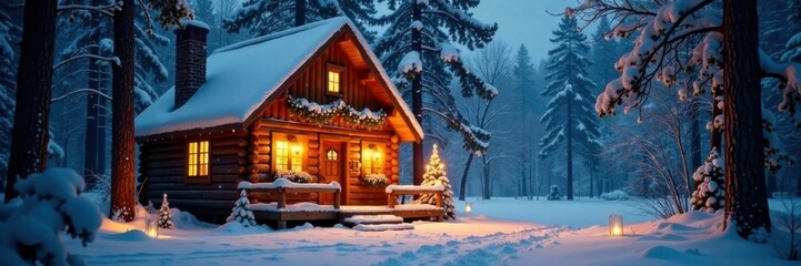 Obraz premium Cozy Christmas cottage in the woods with candles and snowfall, fireplace, winter, cottage
