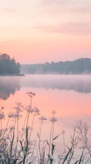 Fototapeta premium Tranquil Lakeshore Dawn with Mist and Soft Pastel Reflections Amidst Nature's Serenity