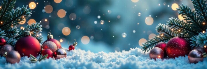 Obraz premium Winter wonderland scene with Christmas ornaments, winter, snowflake, evergreen branches