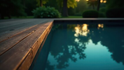 Fototapeta premium wooden surface reflected in dark mirror like pool, , minimalist decor