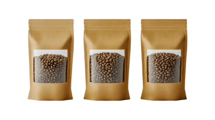 Fresh roasted coffee beans in brown paper bag packaging for sale online coffee shop product display isolated on a transparent background.