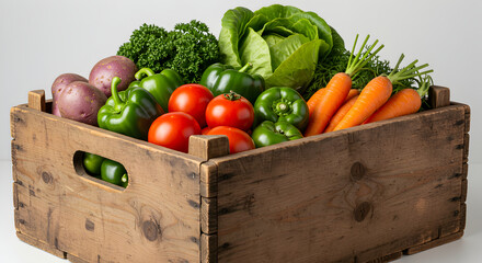 Wooden Crate Filled With Freshly Harvested Variety Of Garden Vegetables
