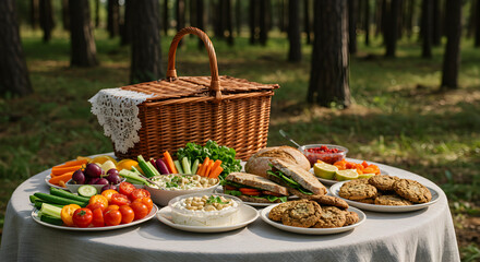 Delightful Picnic In The Woods Featuring Fresh Vegan Snacks And Basket