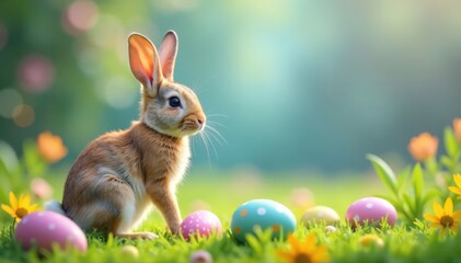 Colorful rabbit standing on its hind legs with Easter eggs around it, decoration, holiday