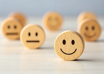 Wooden Emojis with Different Facial Expressions Representing Mood and Emotion