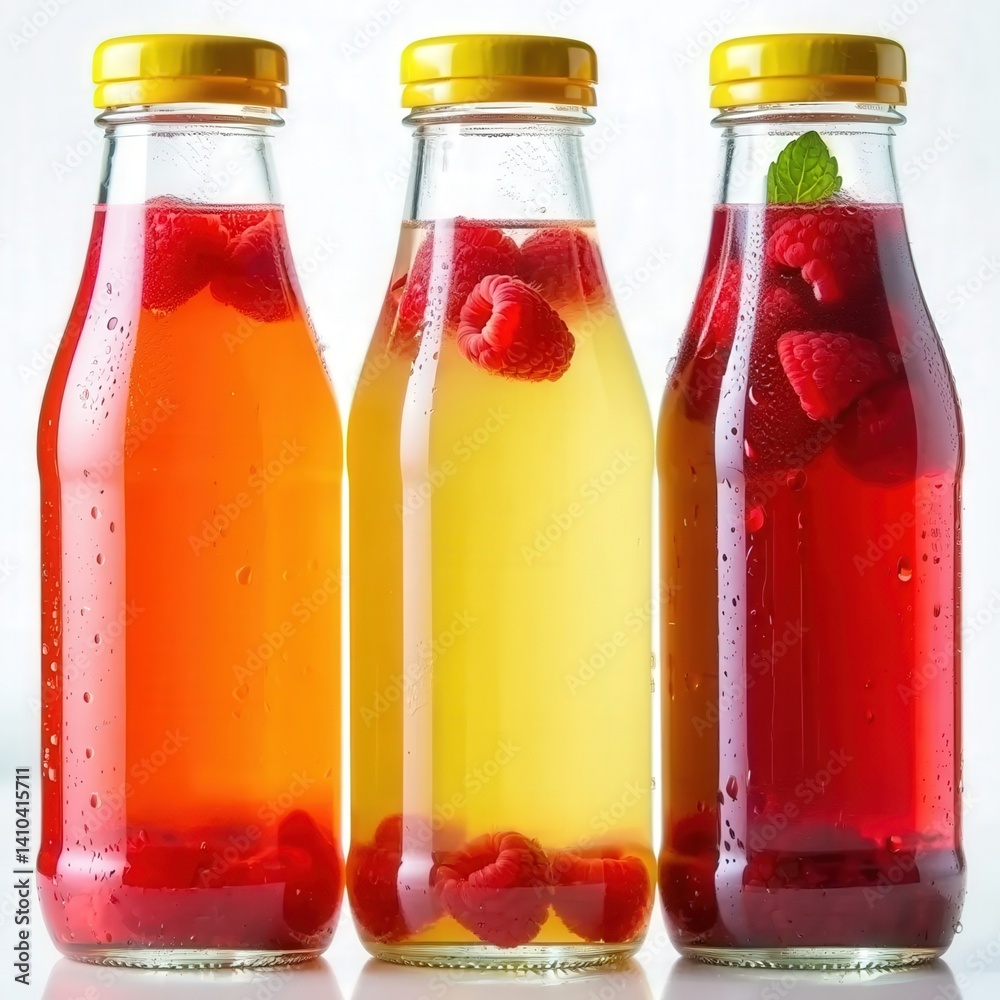 Poster three glass bottles filled with raspberry-flavored beverages, each containing berries and leaves on 