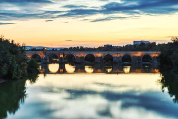 Illuminated Mezquita Cathedral and Roman Bridge in Cordoba at Sunset, Andalusia