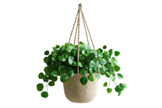 Lush green Peperomia in a hanging macrame planter against a black on transparent background