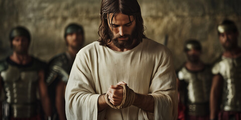 Jesus Christ praying and being arrested by soldiers on Holy Thursday Holy Week